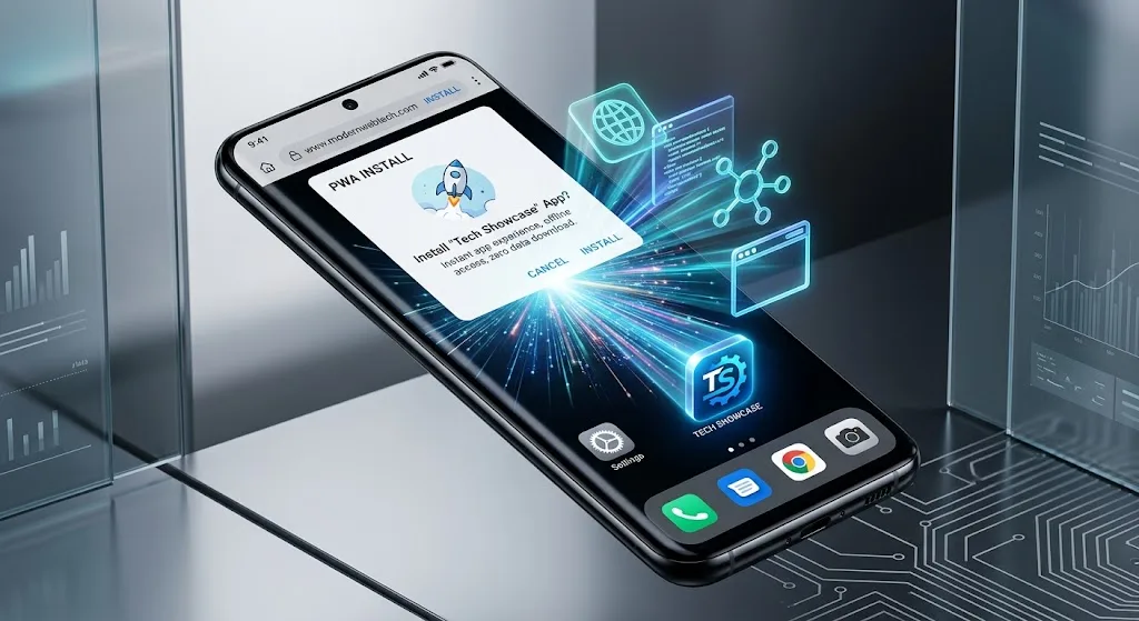 Smartphone showing instant home screen installation of a Progressive Web App without app store downloads