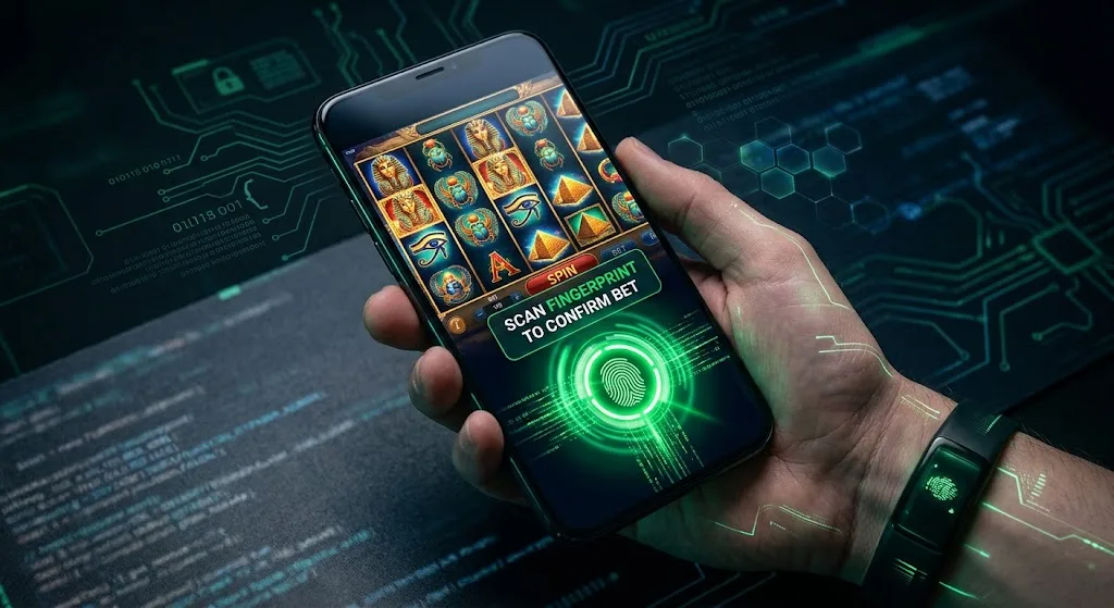 Smartphone displaying encrypted mobile slot game interface with technical system metrics