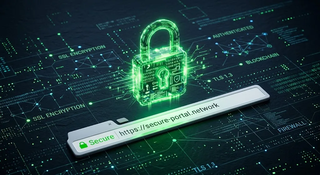 Cyber security lock icon glowing above a verified URL address bar on a desktop monitor