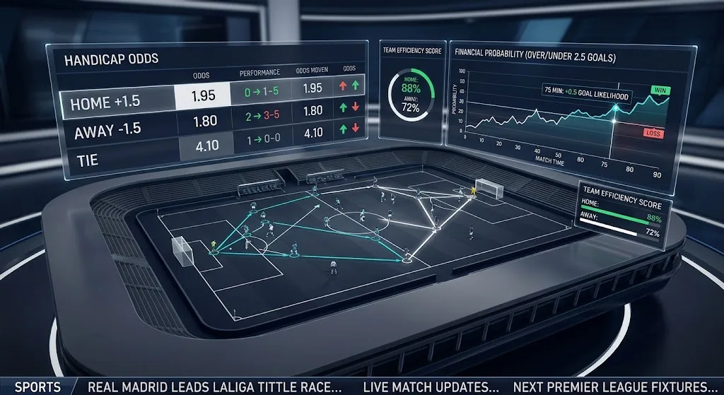 Tactical football pitch graphic with overlaid Asian Handicap betting line calculations and odds