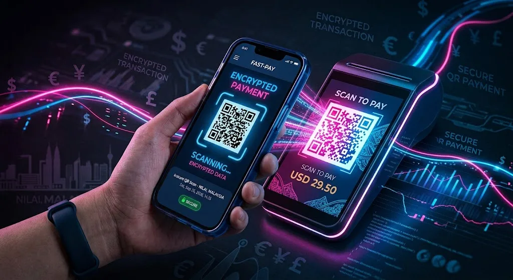 Smartphone scanning an encrypted DuitNow QR transaction code on a glowing digital terminal