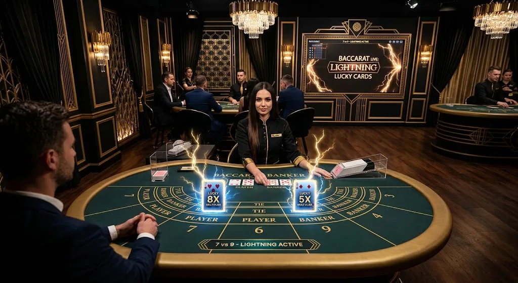 Live dealer studio interface displaying Lightning Baccarat gold card multiplier values