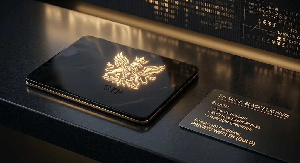 High-tier VIP luxury black card with gold crest and digital tier milestone rewards