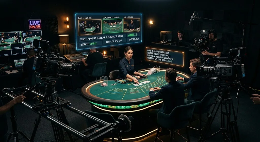 High-definition live casino broadcast camera setup capturing physical table cards with digital OCR overlay